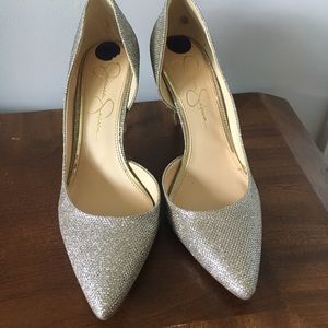 Silver glittery 3.5 heels.